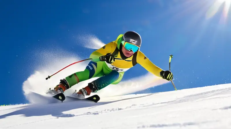 Lucas Braatehn esquiando en una montaña nevada bajo un cielo azul, con un traje de carreras de Brasil que contrasta con la nieve