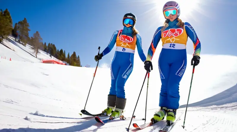 Esquiadores españoles en trajes ajustados y coloridos están listos en una pista nevada