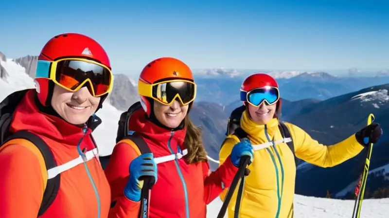 Un grupo de cinco esquiadores españoles en trajes rojos y amarillos se muestra confiado en una pendiente nevada bajo el sol, listos para competir