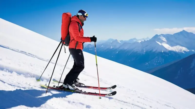 Dos esquiadores con ropa vibrante disfrutan en una pendiente nevada bajo un cielo azul, rodeados de montañas y copos de nieve