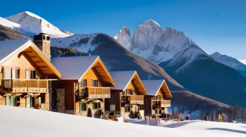 Un paisaje invernal de montañas nevadas, pinos verdes, esquiadores en acción y acogedoras cabañas de madera