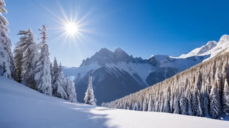 Un paisaje invernal de montañas nevadas, esquiadores vibrantes y cabañas acogedoras que evoca aventura y tranquilidad