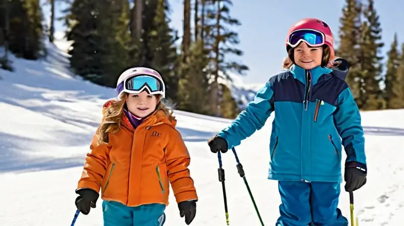 Niños con coloridos cascos de esquí y gafas, vestidos con chaquetas y pantalones de esquí, disfrutan en una nevada ladera bajo un cielo azul