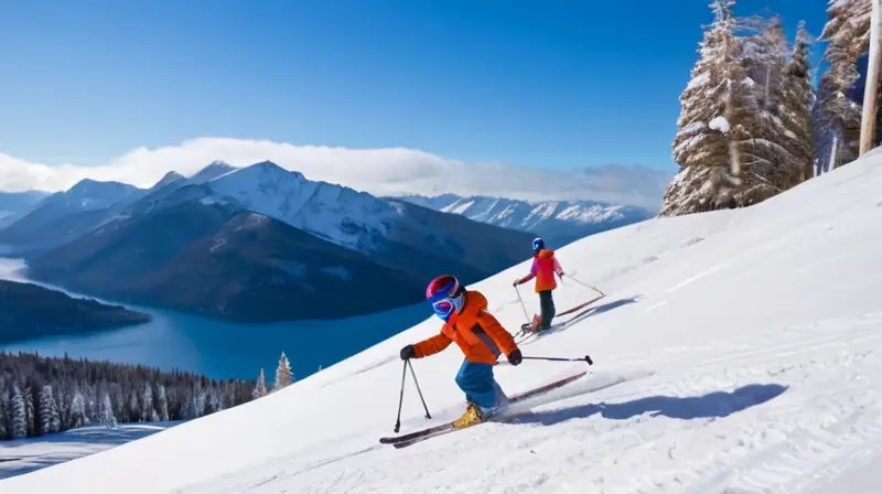 Un paisaje montañoso nevado con niños esquiando