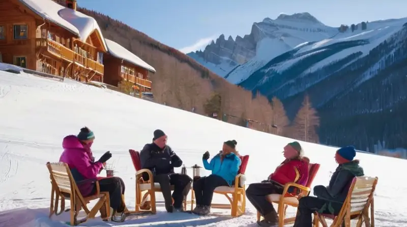 Un paisaje invernal vibrante con montañas nevadas, chalets acogedores, esquiadores felices y un ambiente cálido y festivo