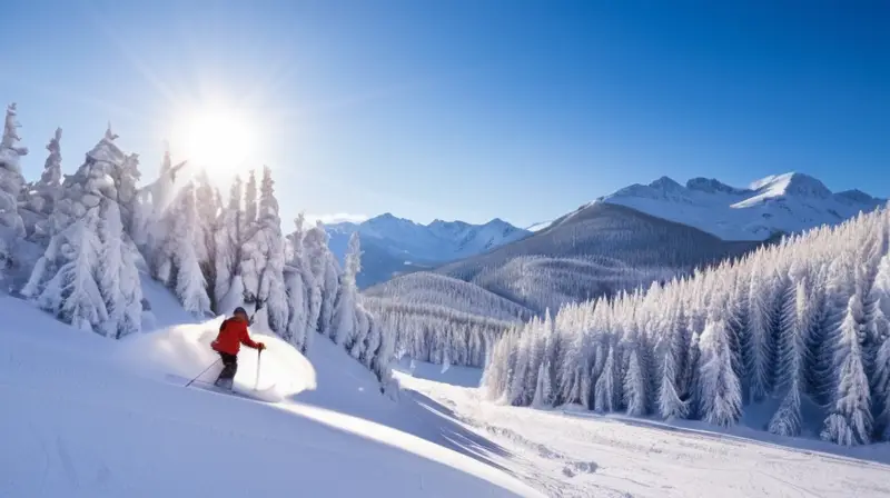 Un paisaje invernal vibrante con montañas nevadas, esquiadores alegres y chalets acogedores bajo un cielo azul