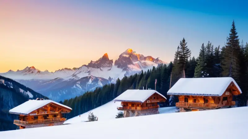 Un paisaje invernal de montañas cubiertas de nieve, esquiadores en acción y cabañas acogedoras, todo bajo un cielo azul brillante