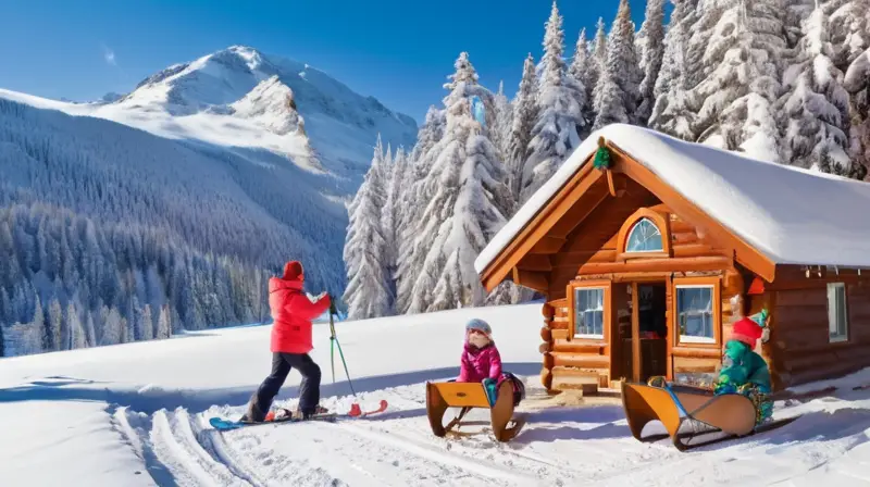 Un paisaje invernal alegre con montañas nevadas, familias jugando, un muñeco de nieve y luces navideñas