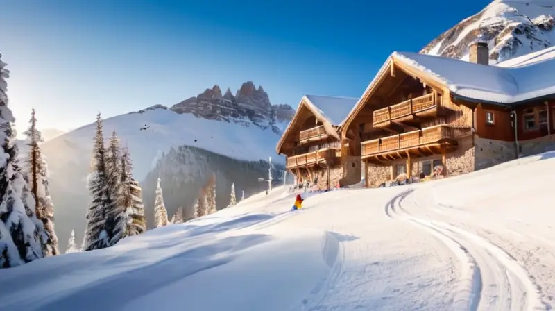 Un paisaje invernal de montañas nevadas, esquiadores en acción y cabañas acogedoras bajo un cielo azul