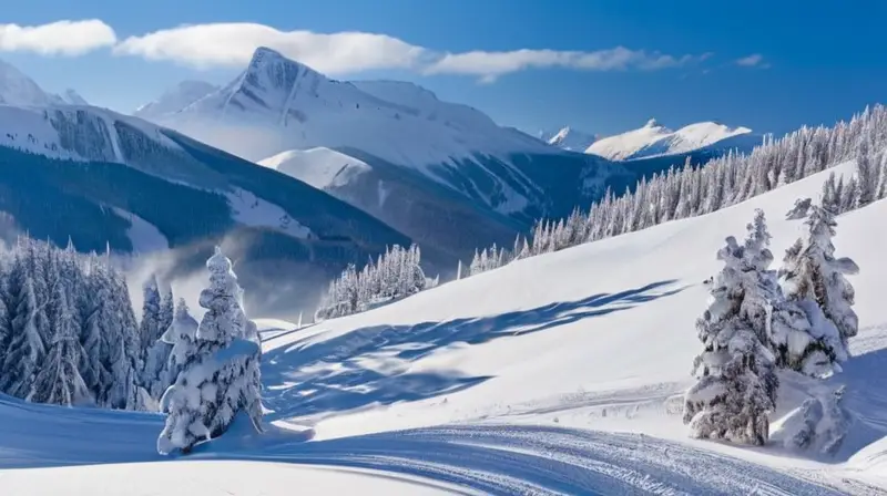 Un paisaje invernal con esquiadores enérgicos, montañas nevadas y cabañas acogedoras bajo un cielo azul