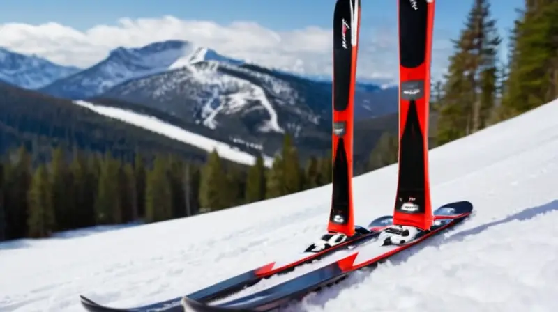 Esquís intermedios elegantes en negro y rojo, con detalles pulidos y un entorno nevado iluminado por el sol