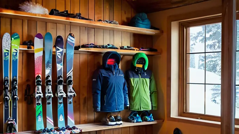 Una acogedora tienda de esquí bien iluminada, con esquís usados en estanterías de madera y un ambiente que invita a la aventura