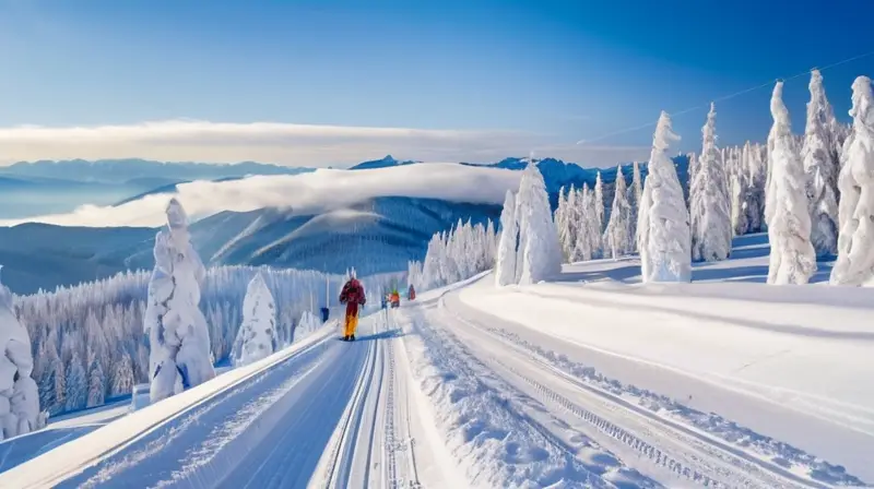 Un paisaje invernal con familias esquiando