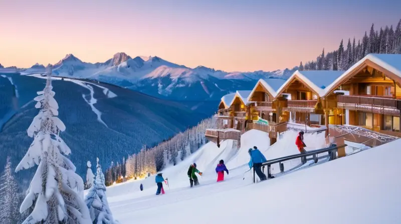 Un paisaje invernal vibrante con esquiadores, árboles cubiertos de nieve y chalets acogedores bajo un cielo azul