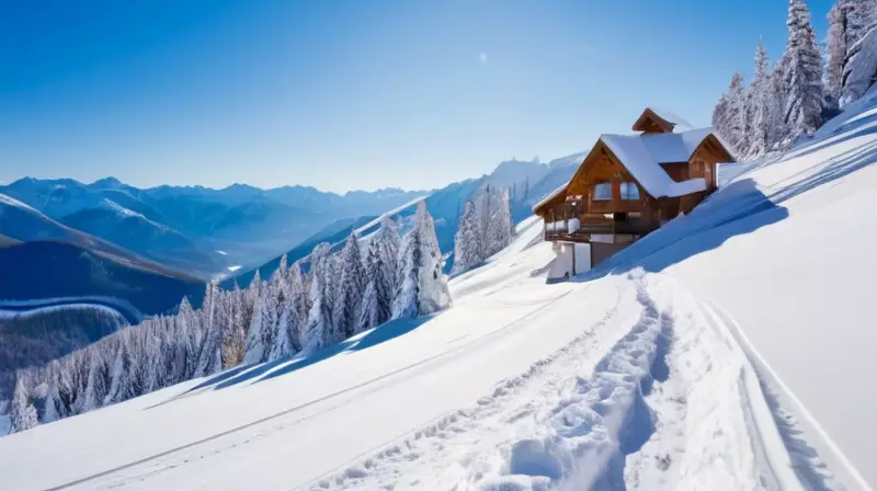 Un paisaje invernal de montañas cubiertas de nieve, esquiadores en movimiento y un acogedor refugio de esquí