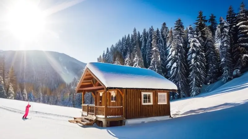 Un paisaje invernal con montañas nevadas, un acogedor refugio de madera y esquiadores disfrutando de la nieve