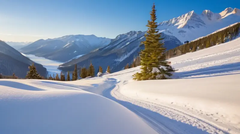 Un paisaje invernal con montañas nevadas, pinos verdes, esquiadores coloridos y una atmósfera acogedora