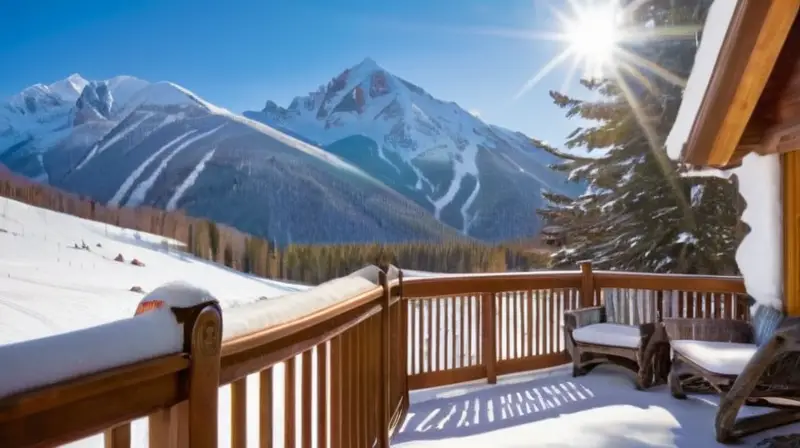 Un paisaje invernal con montañas nevadas, un cielo azul, esquiadores en acción y un acogedor lodge de madera