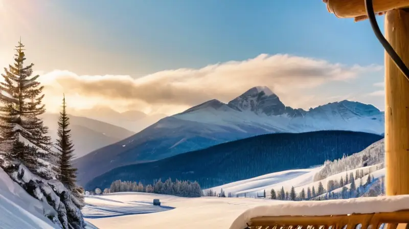 Un paisaje invernal vibrante con esquiadores en pendientes nevadas, chalets acogedores y montañas majestuosas bajo un cielo azul