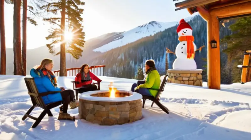 Un paisaje invernal vibrante con esquiadores felices, un acogedor refugio y niños jugando en la nieve