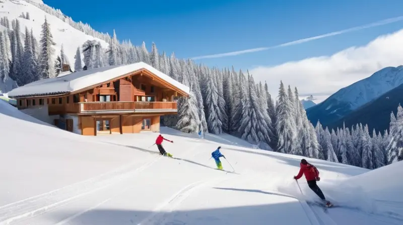 Un paisaje invernal vibrante con esquiadores disfrutando en laderas nevadas bajo un sol radiante