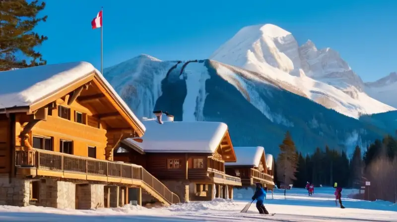 Un acogedor paisaje invernal con montañas nevadas, un lodge de esquí y familias disfrutando de la nieve