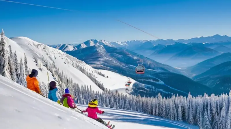 Un paisaje invernal vibrante con familias esquiando en pendientes cubiertas de nieve bajo un cielo azul