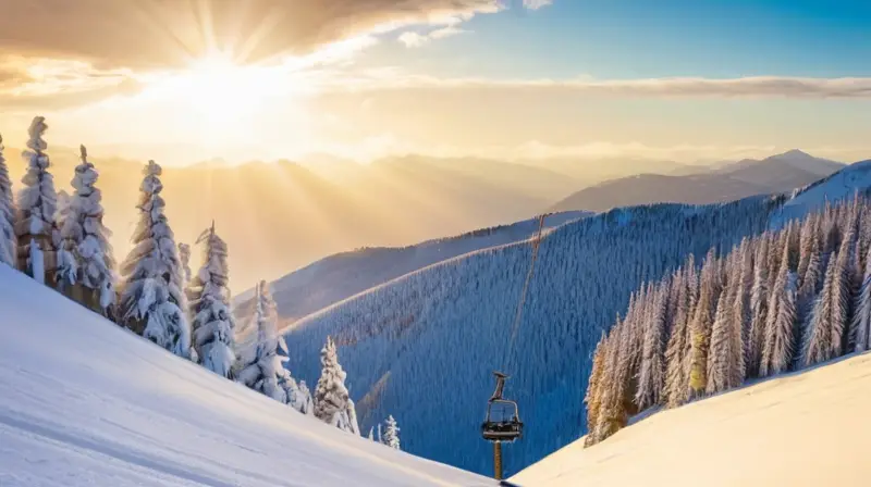 Un paisaje invernal con esquiadores en laderas nevadas, montañas majestuosas y un ambiente acogedor