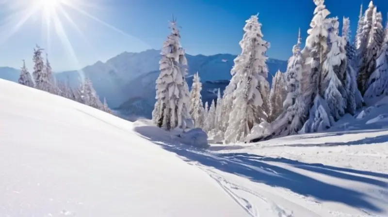 Un paisaje invernal vibrante con esquiadores, nieve brillante, árboles cubiertos y un ambiente acogedor