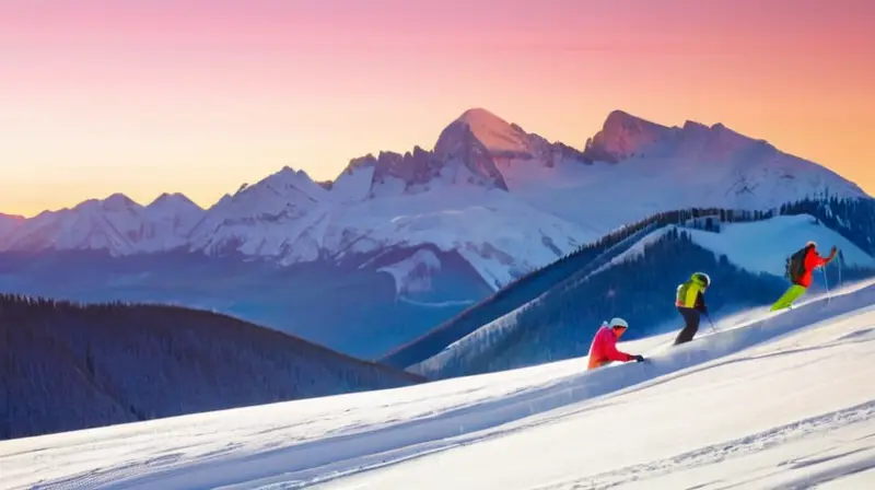 Un paisaje invernal vibrante con montañas nevadas, esquiadores coloridos y un ambiente festivo en las terrazas