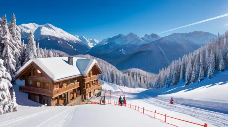 Un paisaje invernal impresionante con montañas nevadas, esquiadores, chalets rústicos y un ambiente animado de après-ski