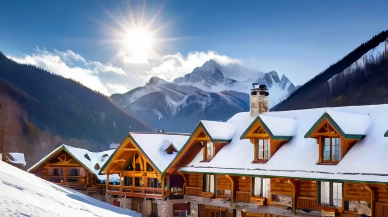 Un paisaje invernal vibrante con montañas nevadas, esquiadores en acción y un acogedor ambiente de lodge