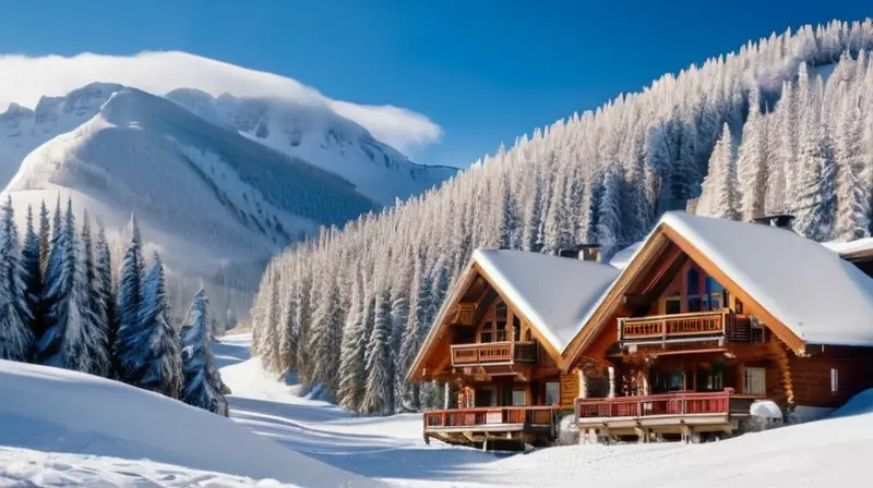 Un paisaje invernal con montañas nevadas, esquiadores coloridos y acogedoras cabañas bajo un cielo azul