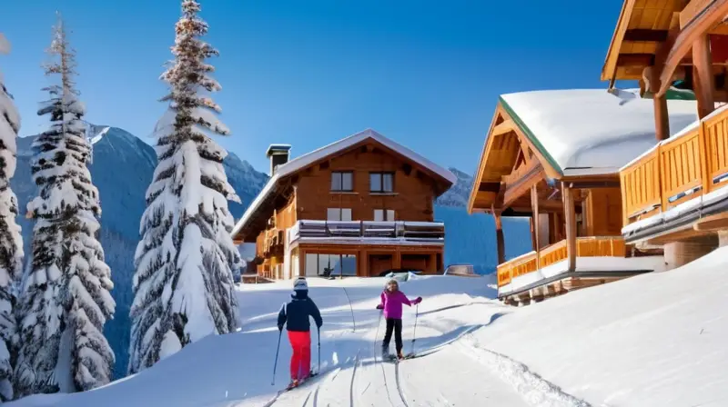 Un paisaje invernal sereno con familias esquiando en pendientes cubiertas de nieve bajo un cielo azul