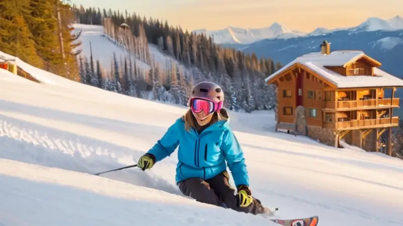 Un paisaje invernal vibrante con familias esquiando bajo un cielo azul, risas de niños y un acogedor refugio de madera