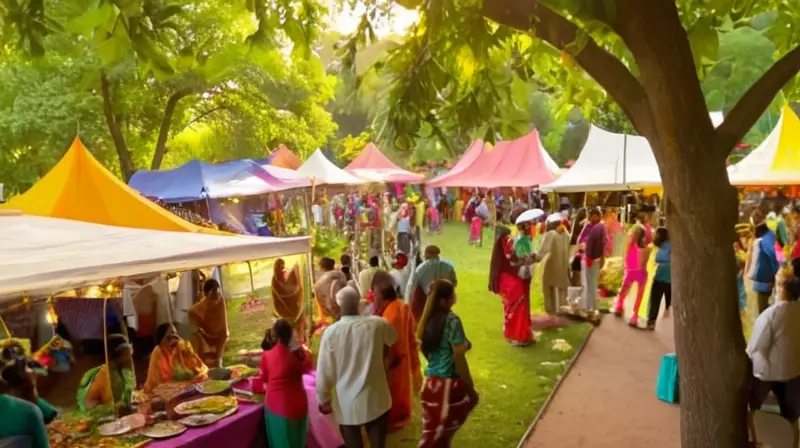 Un festival vibrante en un paisaje verde, con música, comida deliciosa y una atmósfera de alegría y comunidad