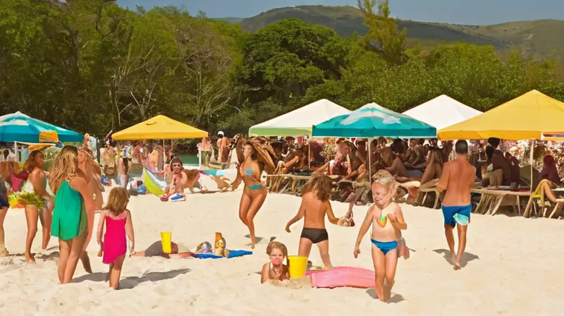 Una escena vibrante en la playa con sol, risas, actividades y una comunidad disfrutando del verano