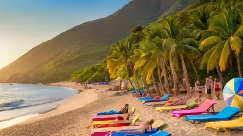 Una playa soleada con gente diversa disfrutando de un ambiente alegre y relajante, rodeada de naturaleza y un hermoso atardecer