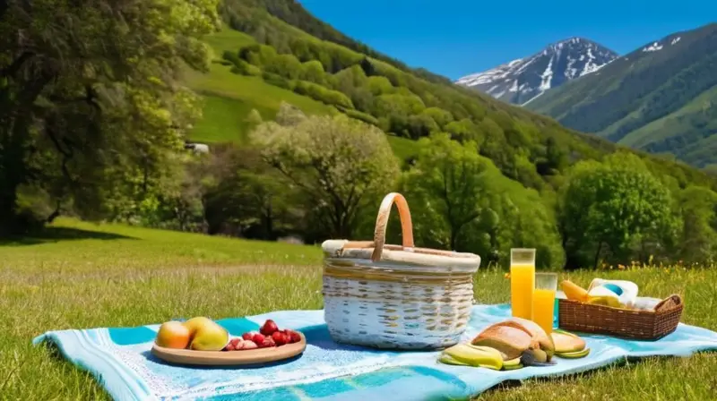 Un paisaje montañoso soleado y vibrante, lleno de personas diversas disfrutando al aire libre, risas y alegría en un ambiente energético