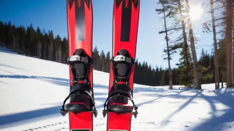 Esquís elegantes y alargados en rojo y negro, con gráficos intrincados, bien definidos y acompañados de botas robustas, todo en un ambiente invernal iluminado suavemente