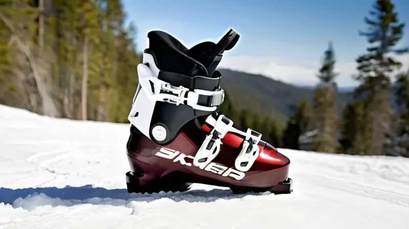 Esquís RC4 Fischer rojos y negros con detalles pulidos y botas a juego, todo en un paisaje invernal que evoca aventura y rendimiento