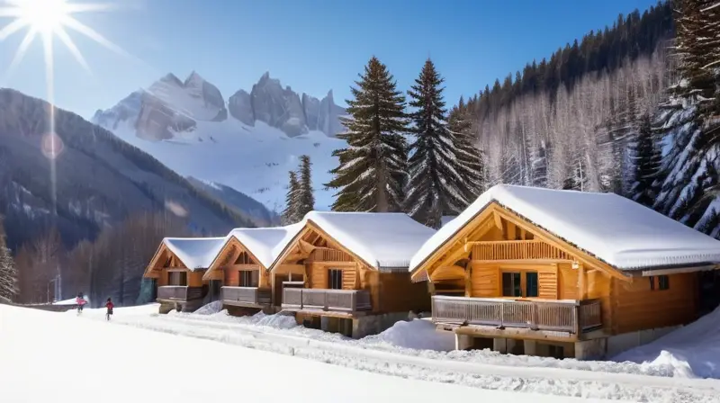 Un paisaje invernal en los Alpes combina montañas nevadas, esquiadores en acción, cabañas rústicas y un ambiente sereno de diversión y aventura