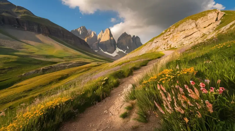 Un paisaje montañoso impresionante con picos escarpados, vegetación verde, luz dorada y un camino serpenteante que invita a la exploración