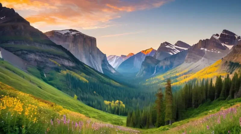 Un paisaje montañoso majestuoso y sereno, con picos nevados, valles profundos, ríos brillantes y bosques vibrantes