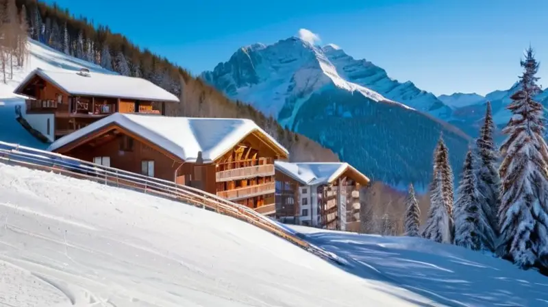 Un acogedor y vibrante resort de esquí con paisajes nevados, familias esquiando y chalets cálidos