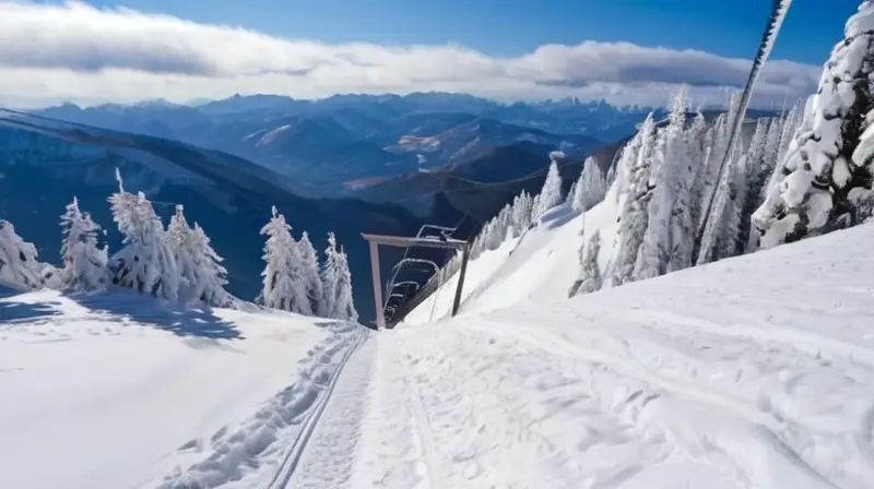 Un paisaje invernal con montañas nevadas, esquiadores coloridos y un ambiente vibrante de deportes de invierno