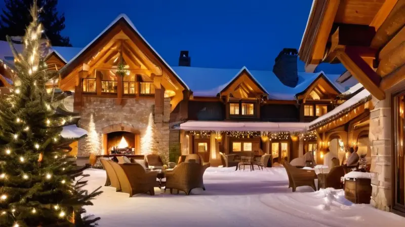 Un lujoso hotel en un paisaje invernal, con montañas nevadas, árboles cubiertos de blanco y un ambiente acogedor