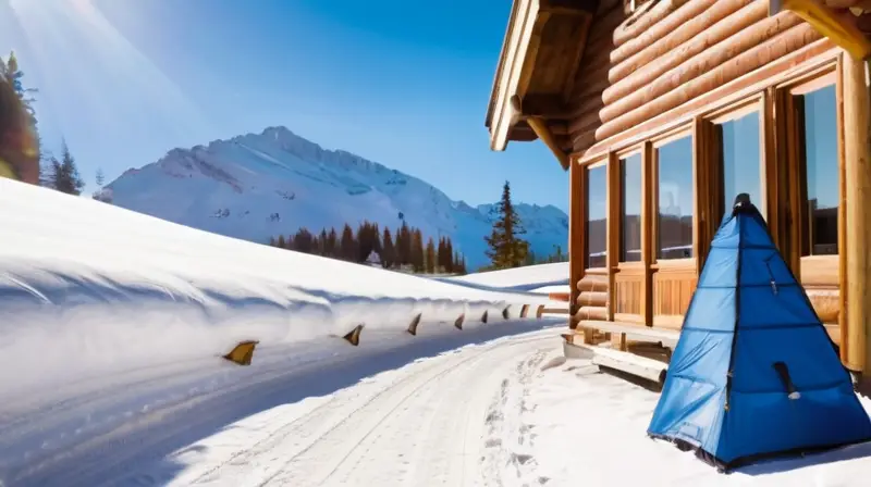 Una animada estación de esquí con montañas nevadas, un cielo azul, un acogedor chalet de madera y esquiadores enérgicos disfrutando del paisaje