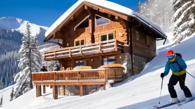 Un paisaje invernal con montañas nevadas, esquiadores coloridos y un acogedor chalet