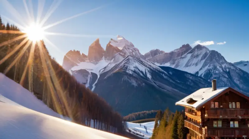 Montañas nevadas con esquiadores enérgicos, chalets acogedores y un cielo azul brillante crean un paisaje invernal vibrante